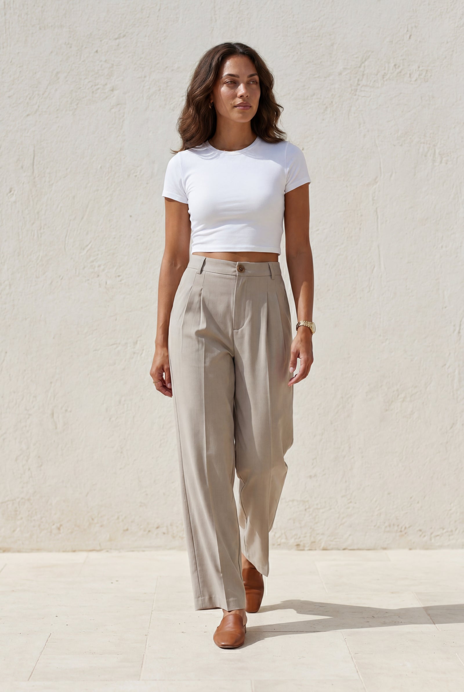 Beige Wide Leg Office Trousers - Wide leg trousers - Photo 6