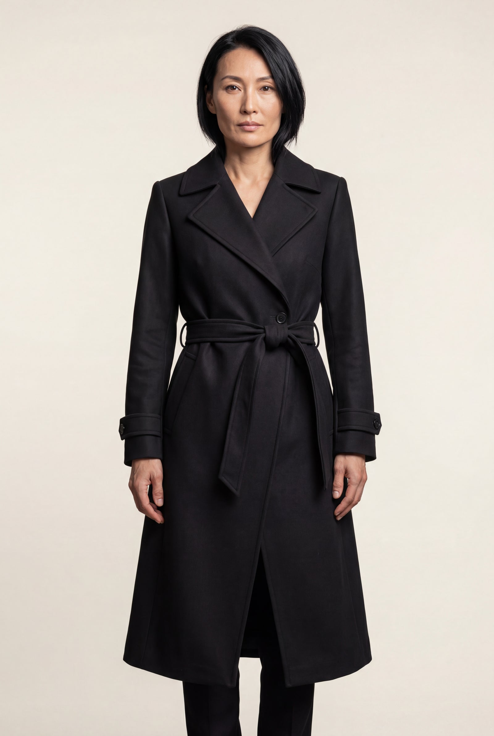 Black Wide Notched Collar Belted Long Trench Coat - Photo 1