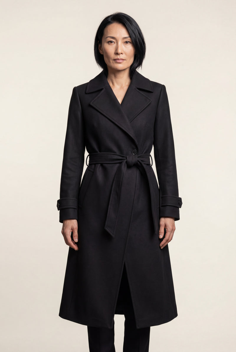 Black Wide Notched Collar Belted Long Trench Coat - Photo 1