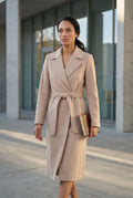 Beige Wide Notched Collar Belted Long Trench Coat - Photo 10