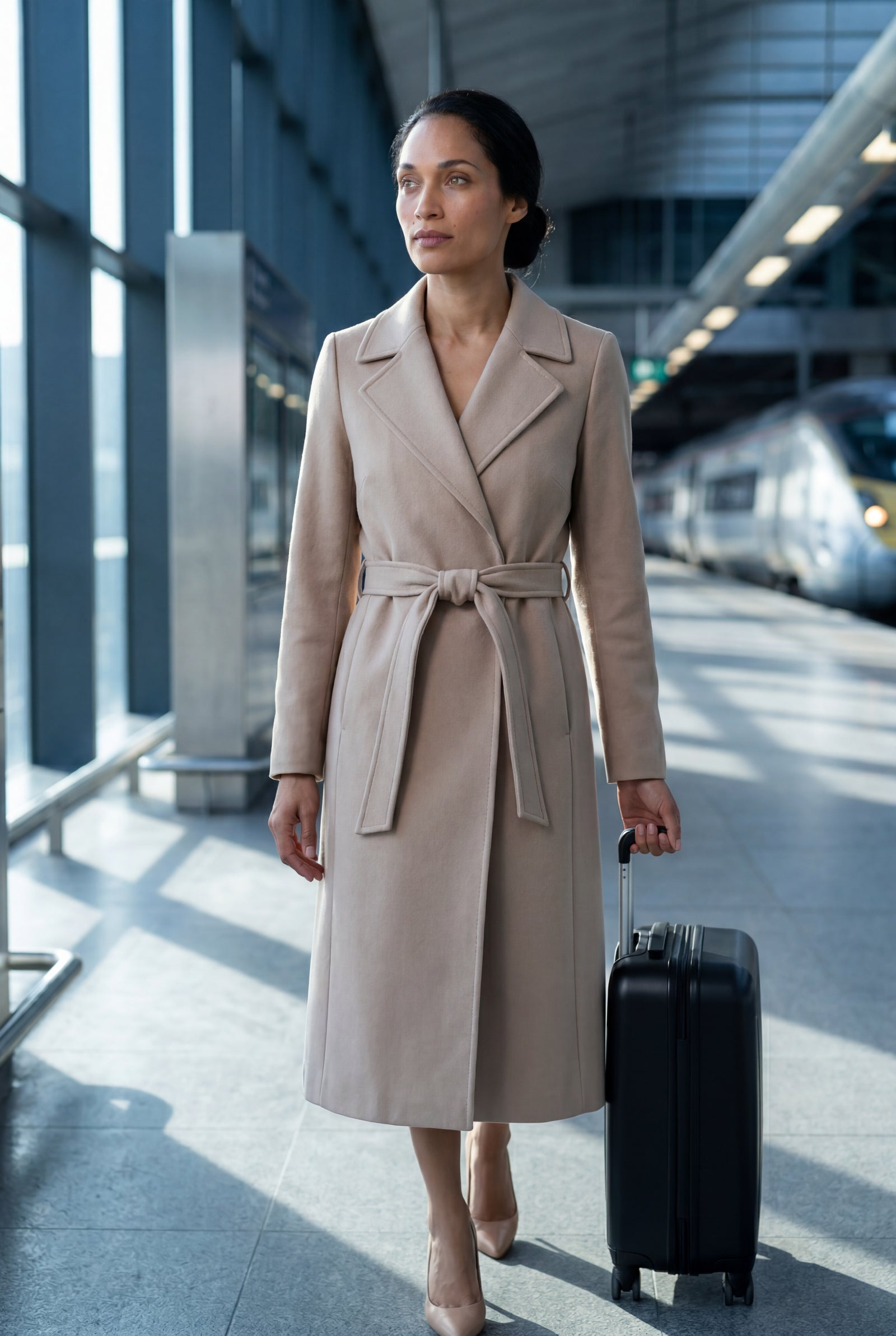 Beige Wide Notched Collar Belted Long Trench Coat - Photo 12