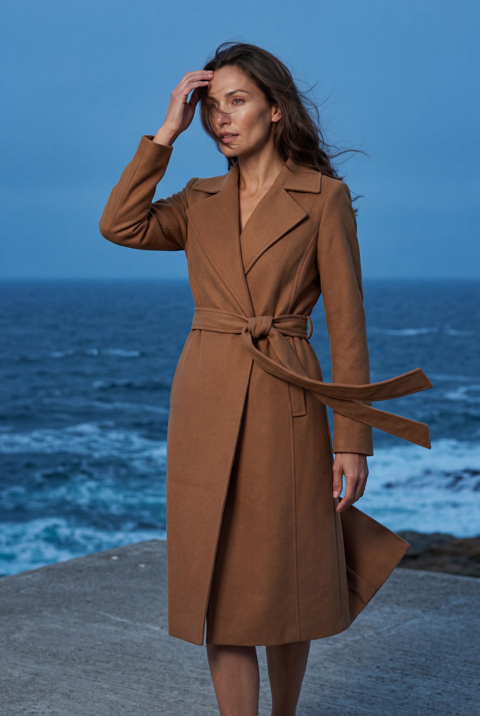Camel Wide Notched Collar Belted Long Trench Coat - Photo 14