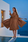 Camel Wide Notched Collar Belted Long Trench Coat - Photo 15