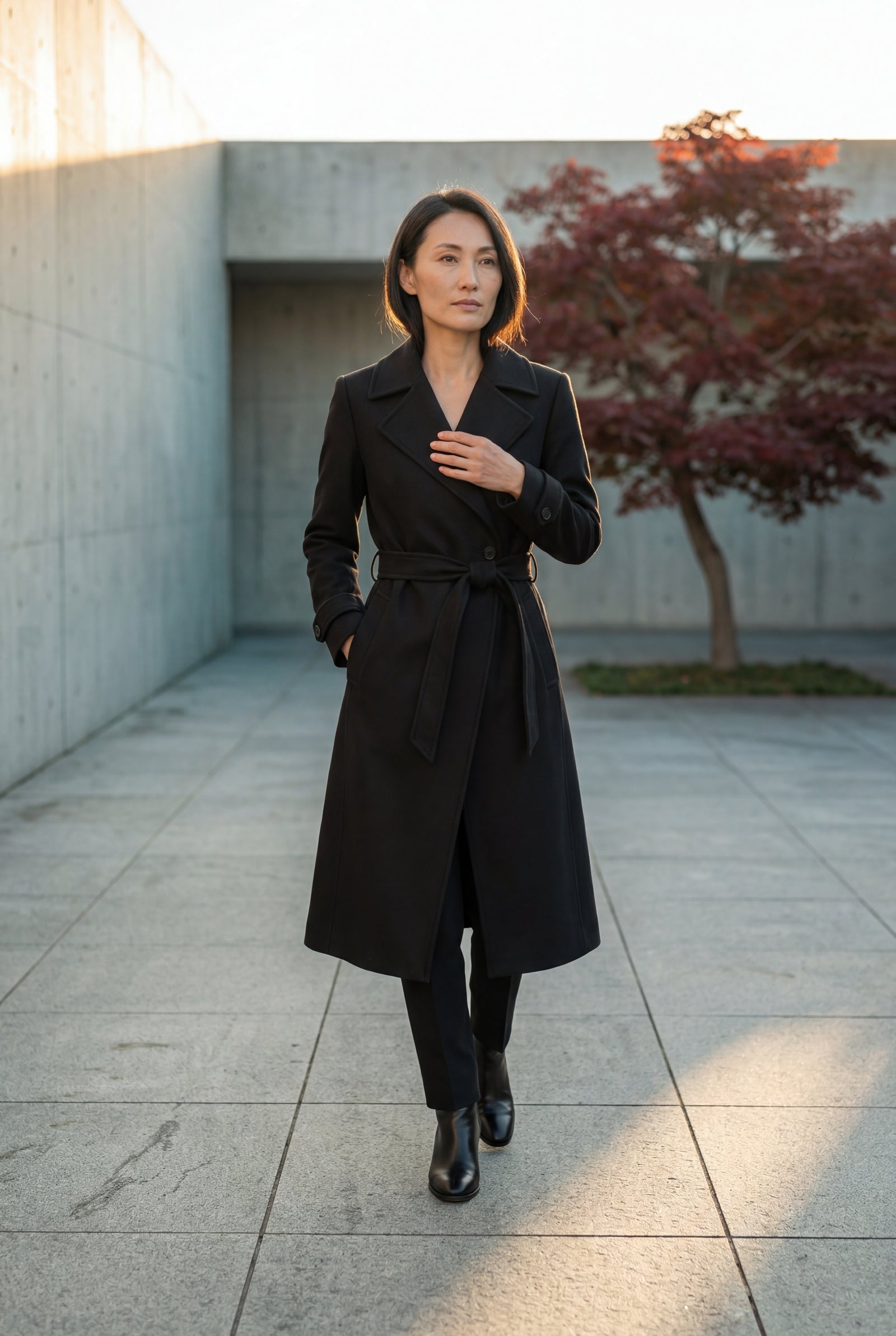 Black Wide Notched Collar Belted Long Trench Coat - Photo 3