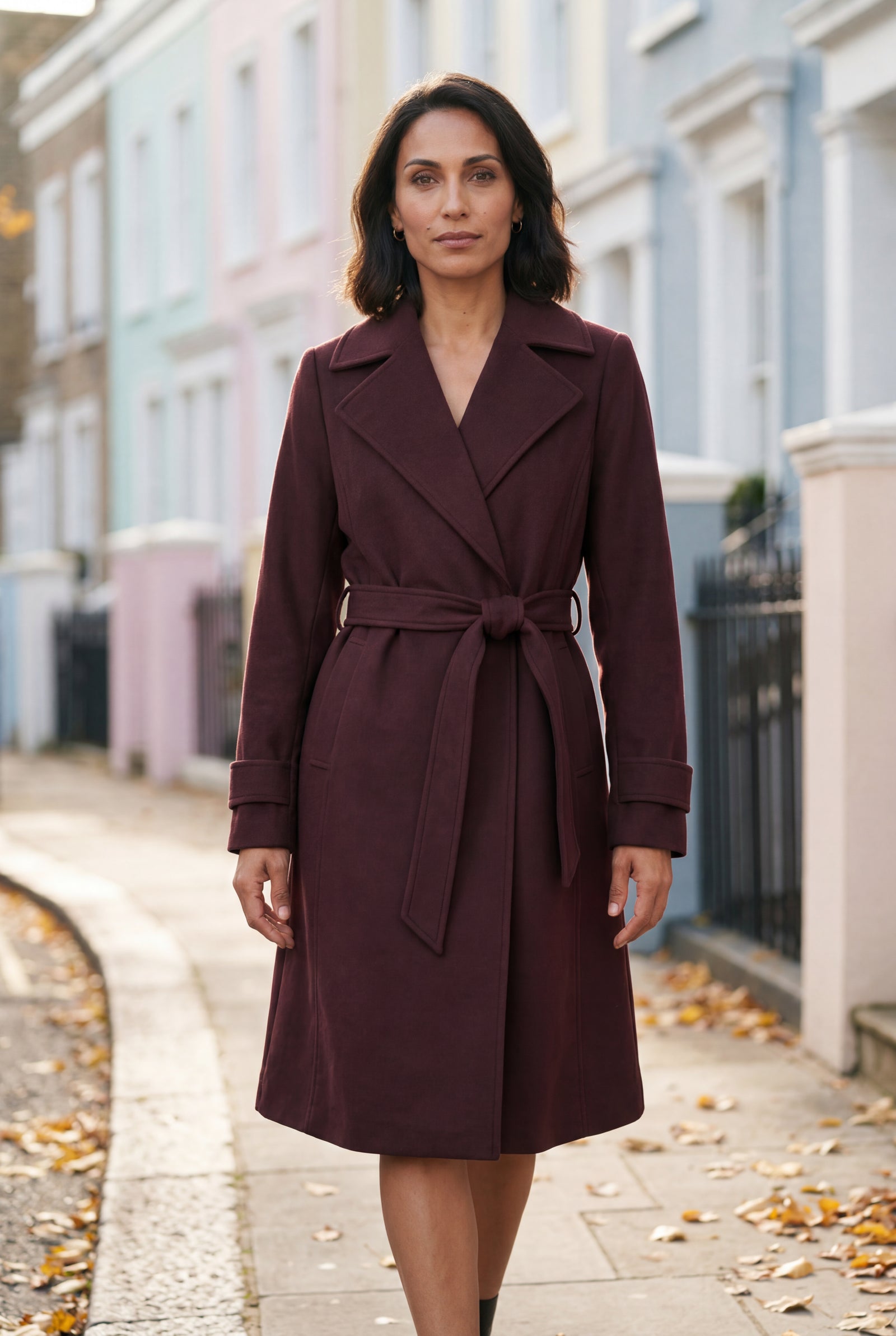 Burgundy Wide Notched Collar Belted Long Trench Coat - Photo 6