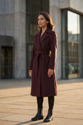 Burgundy Wide Notched Collar Belted Long Trench Coat - Photo 7