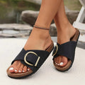 Black Wide-strap Slide Sandals with Oversized Buckle Detail - Flat sandals - Photo 3