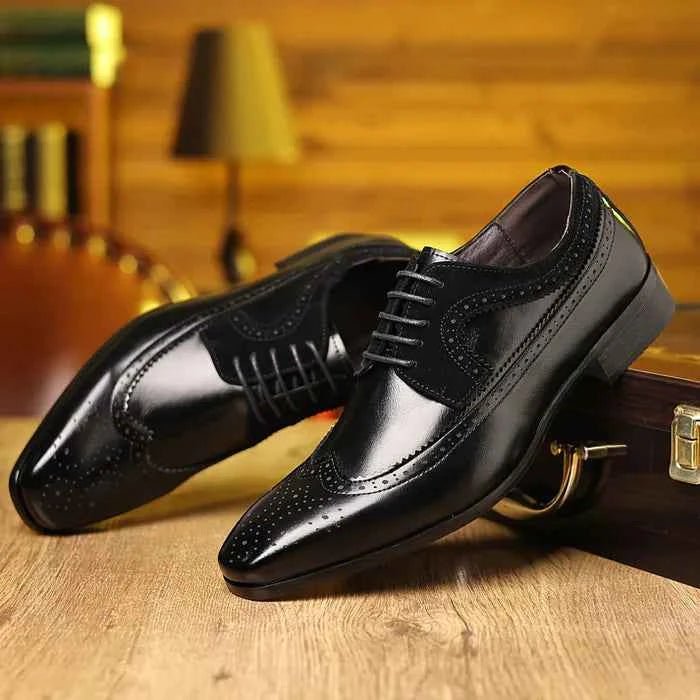 Black Wingtip Brogue Oxford Dress Shoes with Stacked Low Heel - Oxfords - Photo 3
