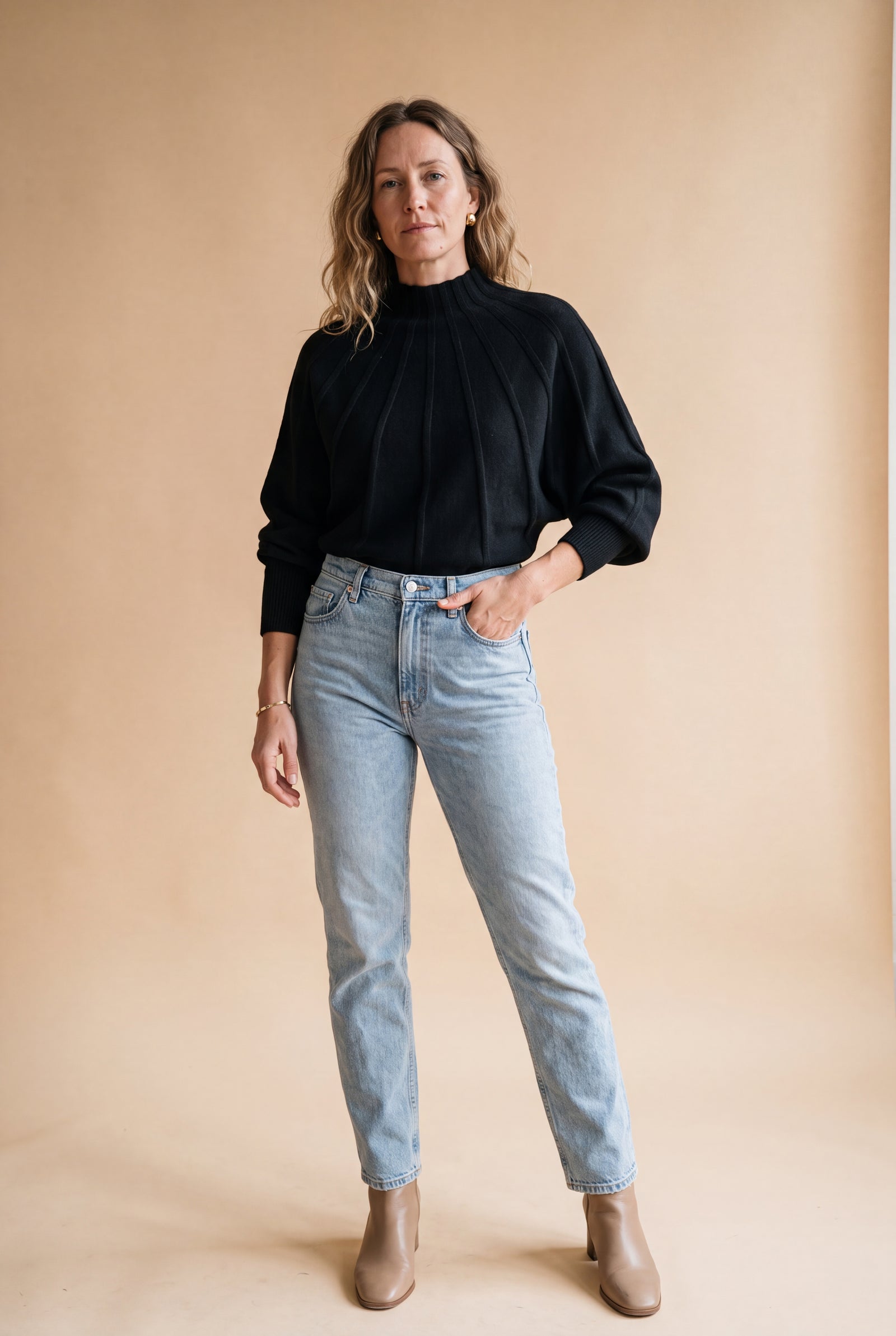 Women's Sweater Mock Neck Batwing Sleeves in Black — primary
