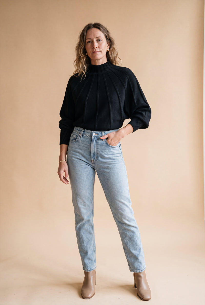 Women's Sweater Mock Neck Batwing Sleeves in Black — primary
