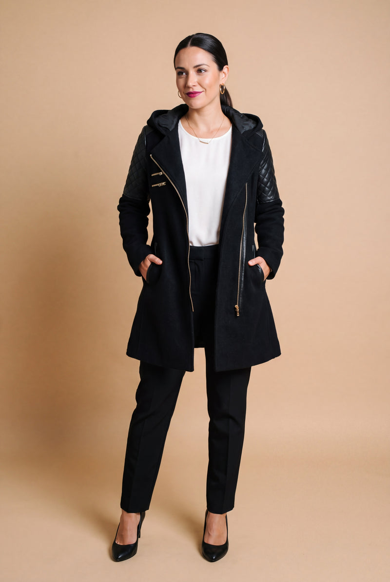 Women's Coat Hooded Elegant in Black — studio shot