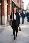 Women's Coat Mid-Length Stand Collar in Black — urban sidewalk afternoon