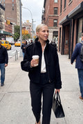 Women's Cropped Coat Stand Collar in Black — ugc lifestyle candid