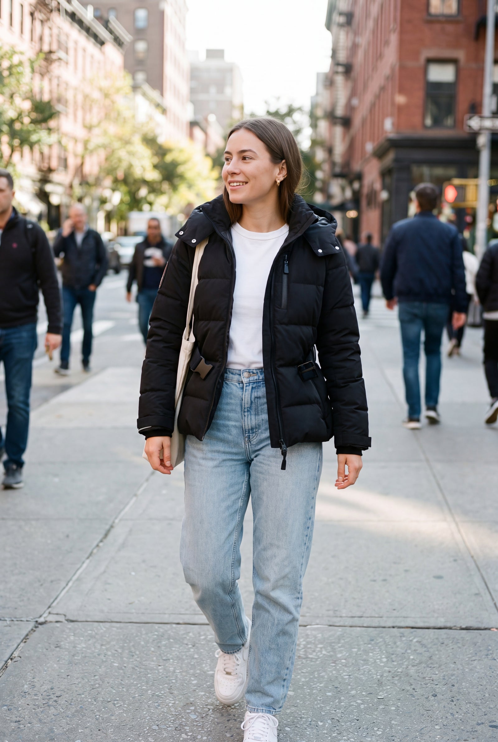 Women's Hooded Jacket Belted in Black — lifestyle city walk