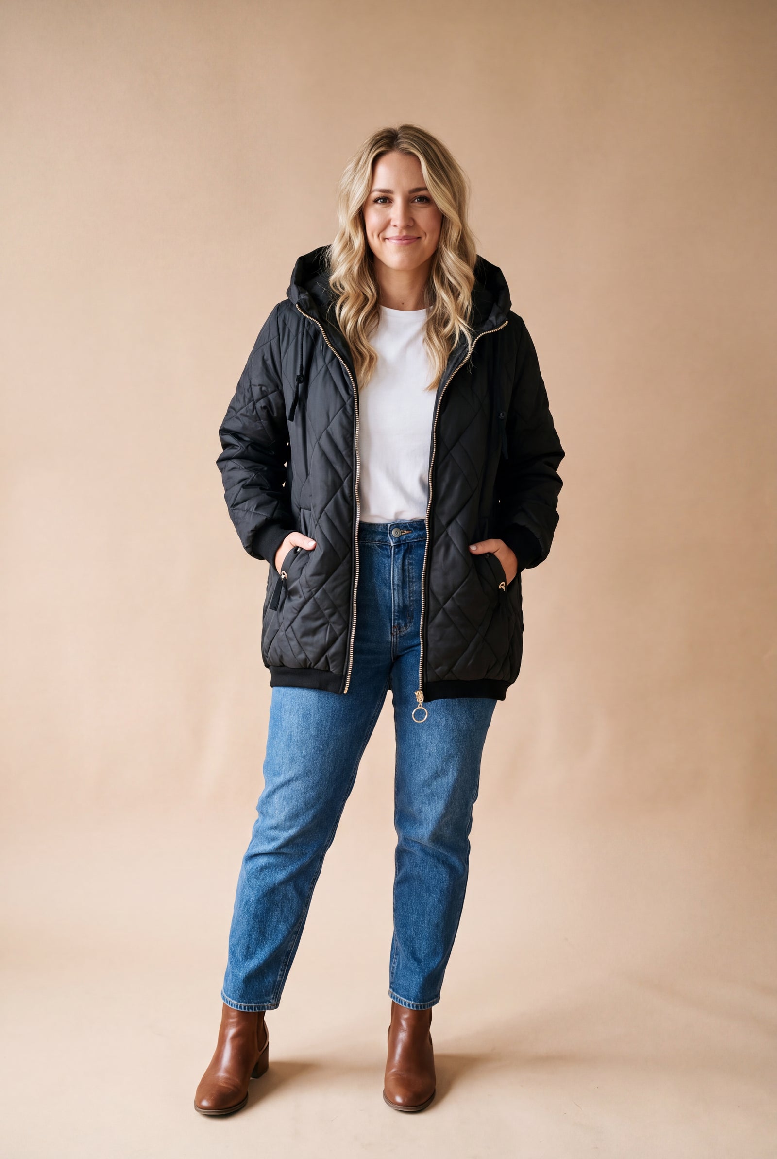 Women's Hooded Jacket Outdoor in Black — studio full body