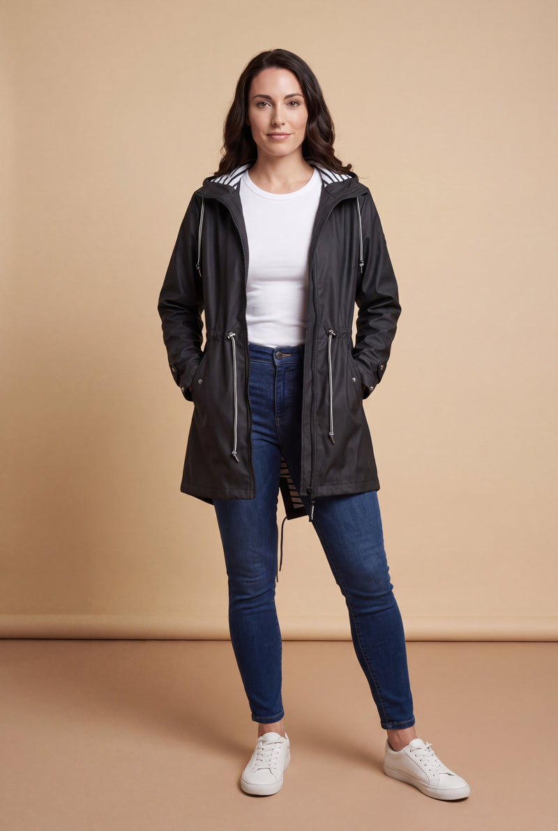 Women's Hooded Jacket Relaxed Fit in Black — studio front