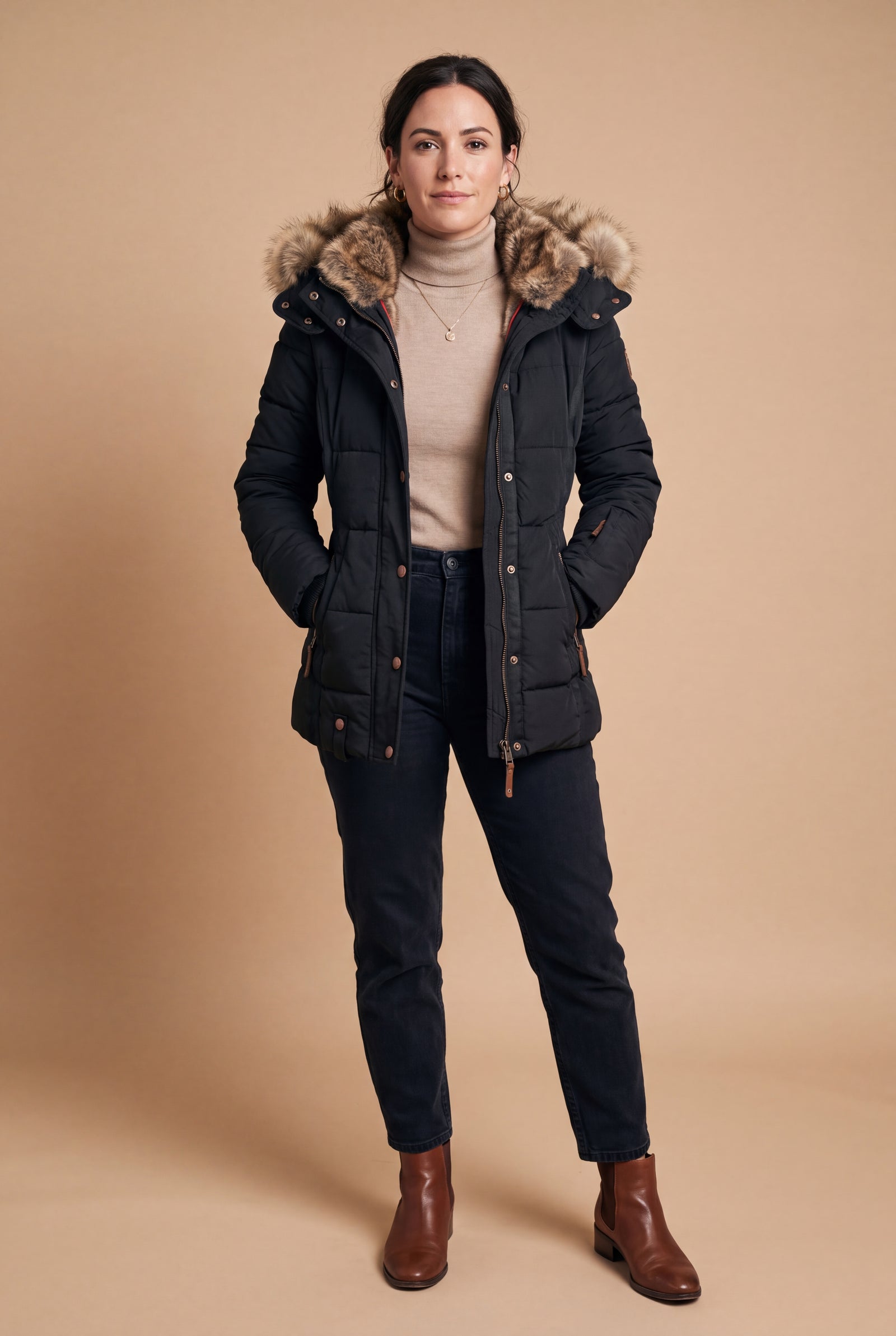 Women's Jacket Faux Fur Collar in Black — studio primary