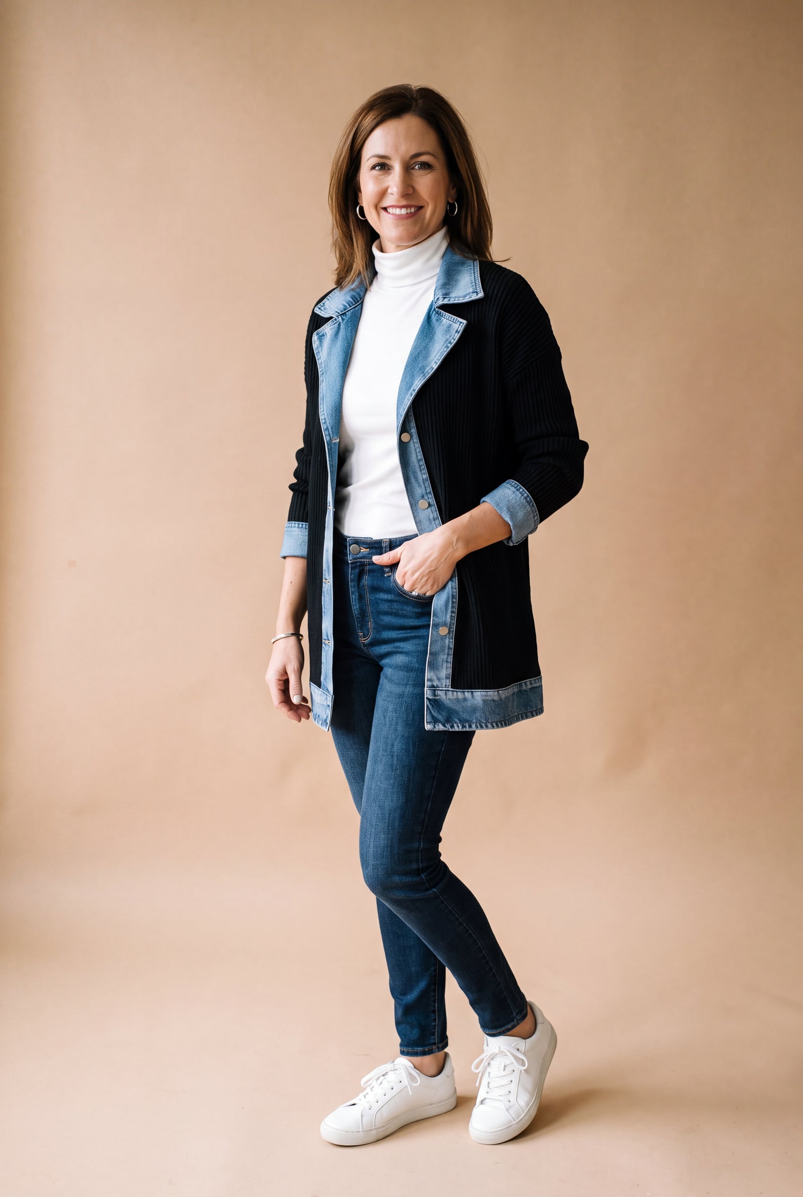 Women's Jacket Layered Collar Button in Black — primary studio