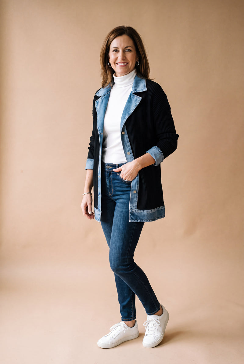 Women's Jacket Layered Collar Button in Black — primary studio