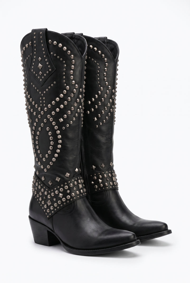 Women's Knee-High Cowboy Boots Riveted in Black — primary shot