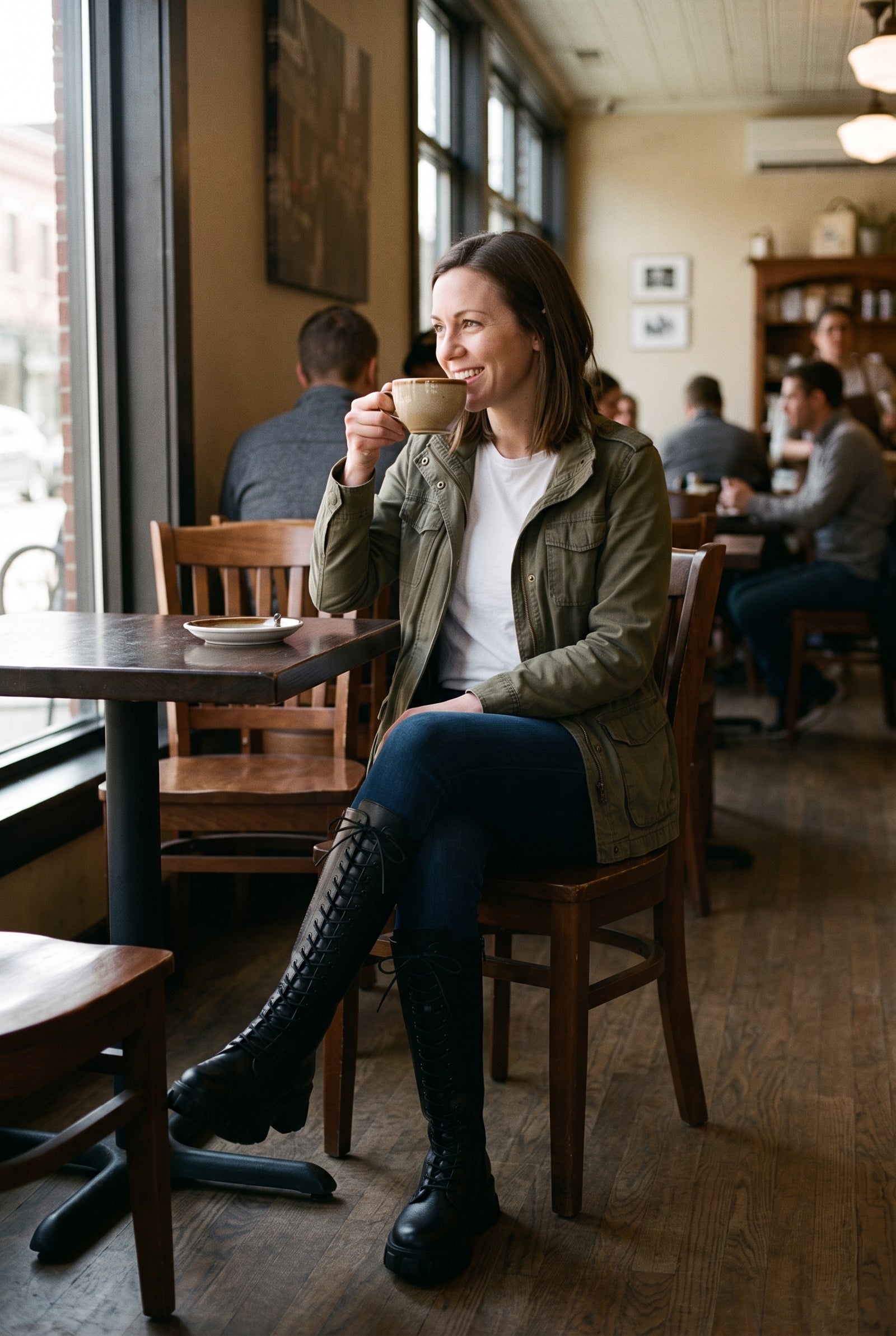 Women's Long Boots Modern in Black — lifestyle caf window