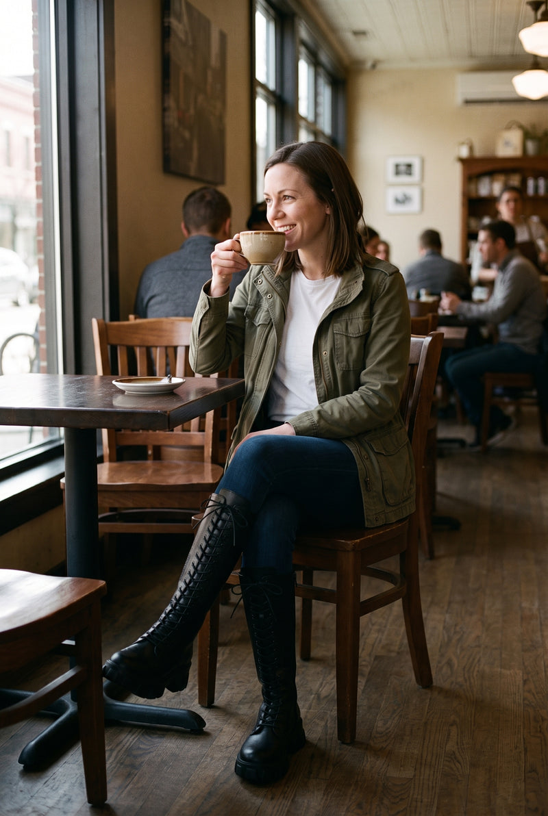 Women's Long Boots Modern in Black — lifestyle caf window