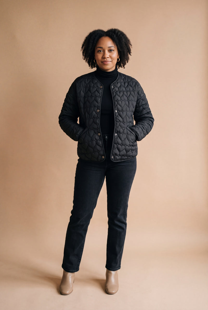 Women's Puffer Jacket Heart Quilted in Black — studio full