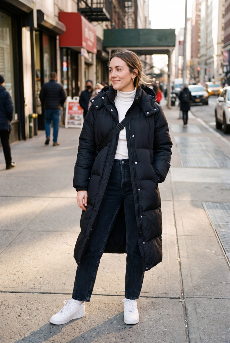Women's Puffer Jacket Hooded in Black — lifestyle citywalk