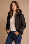 Women's Quilted Puffer Jacket Regular Fit in Black — studio front