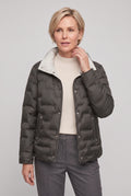 Women's Quilted Puffer Jacket with Stand Collar in Black — studio front