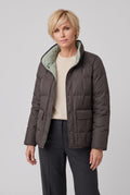 Women's Reversible Quilted Jacket with Stand Collar in Black — studio front