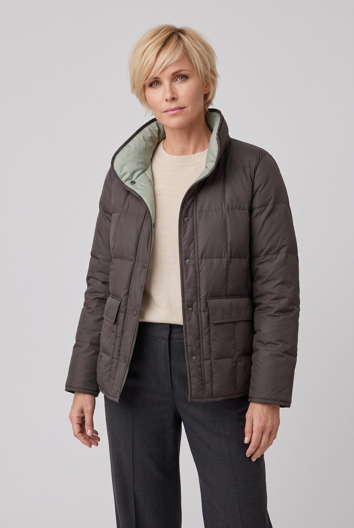 Women's Reversible Quilted Jacket with Stand Collar in Black — studio front