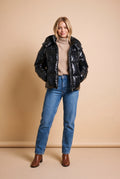 Women's Short Puffer Jacket with Hood in Black — primary studio