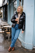 Women's Short Puffer Jacket with Hood in Black — secondary lifestyle 1