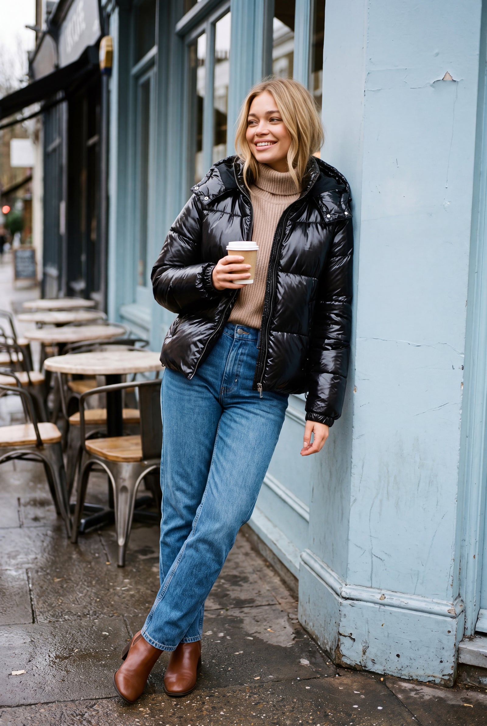 Women's Short Puffer Jacket with Hood in Black — secondary lifestyle 1