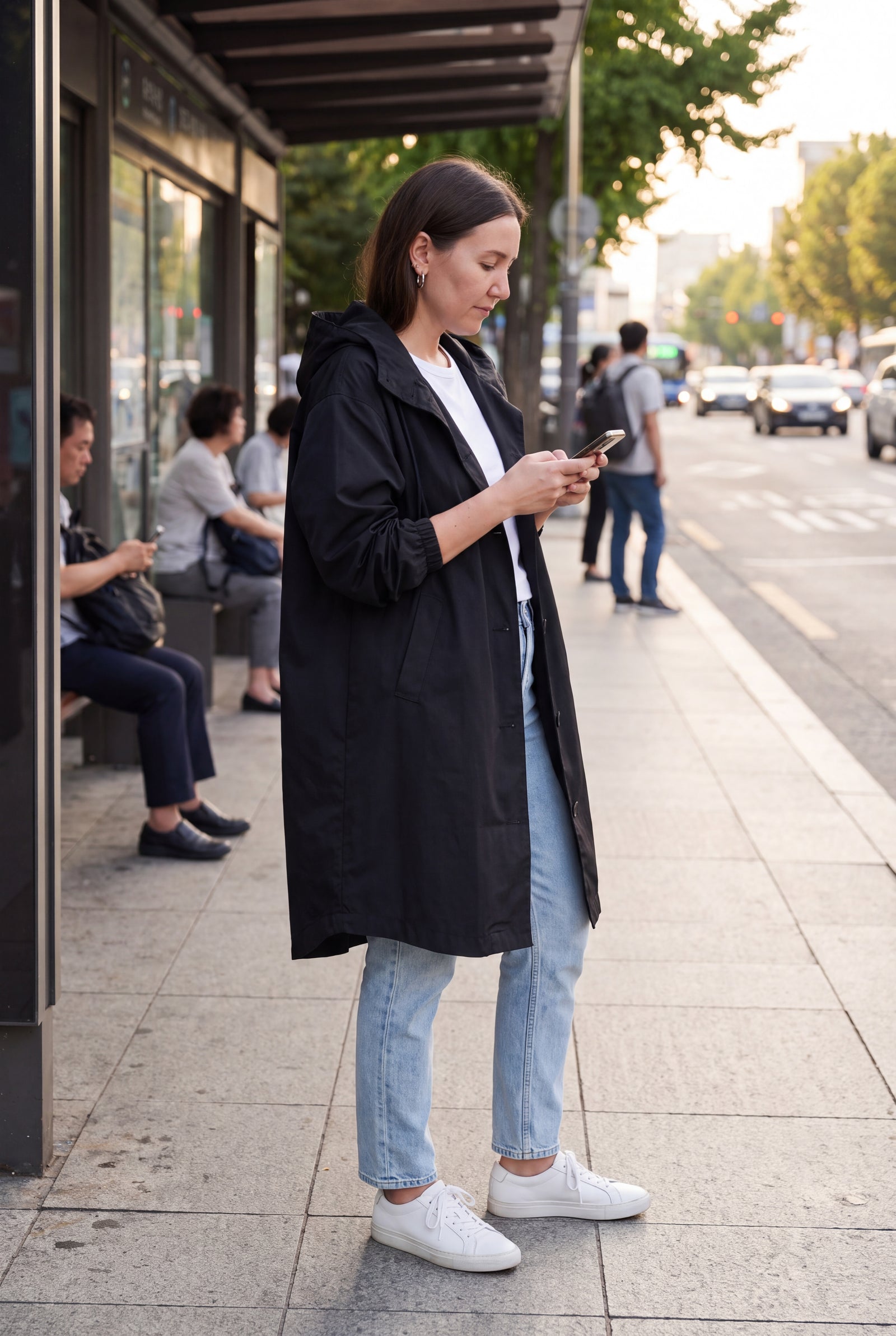 Women's Windbreaker Oversized Hooded in Black — lifestyle candid