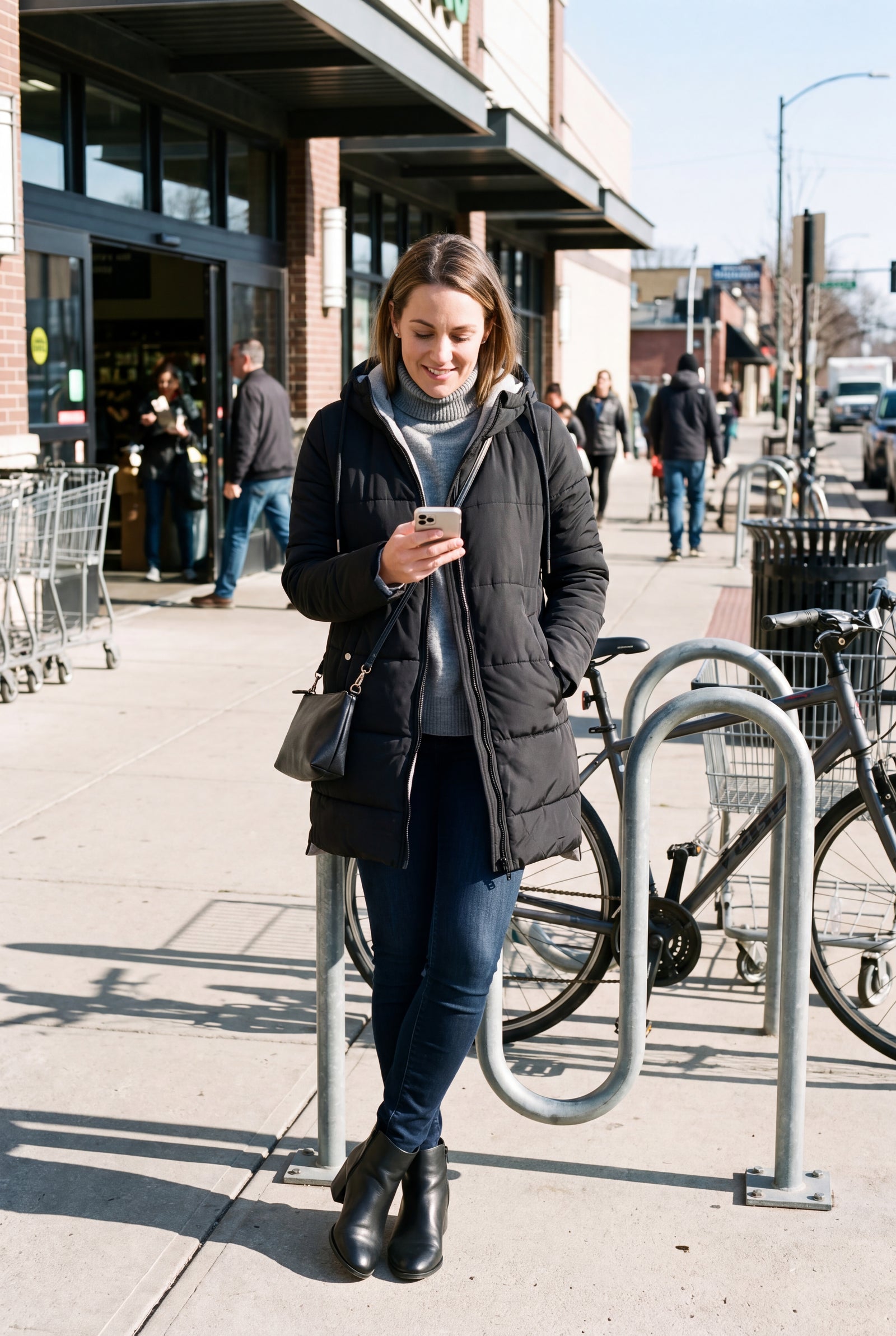 Women's Winter Coat Adjustable Hood in Black — lifestyle errand