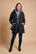 Women's Winter Coat Adjustable Hood in Black — studio front