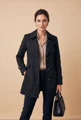 Women Trench Coat Short Belted in Black — primary full body