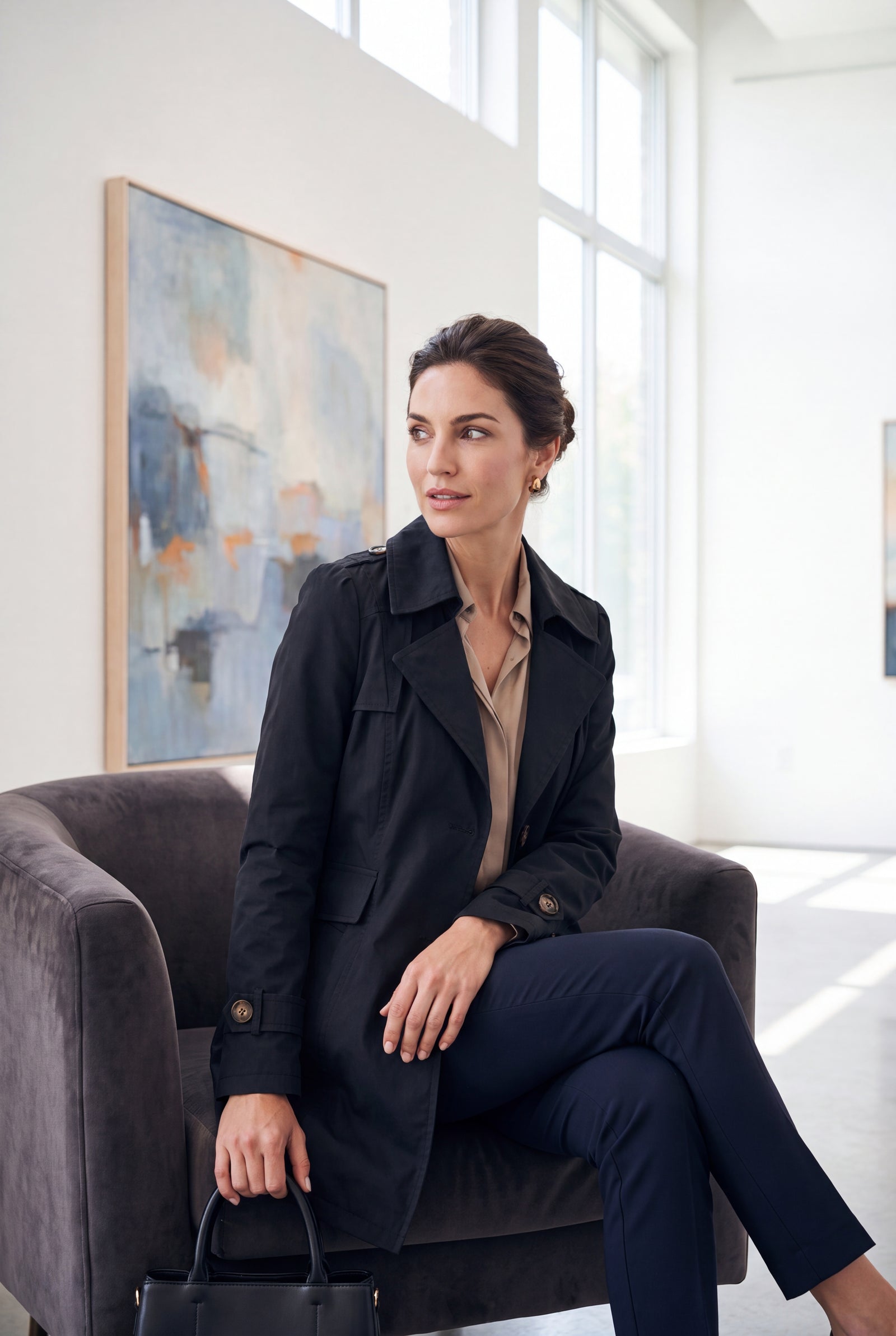 Women Trench Coat Short Belted in Black — secondary lifestyle