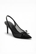 Black Women's Black Bow Pointed Toe Slingback Heels - Photo 1