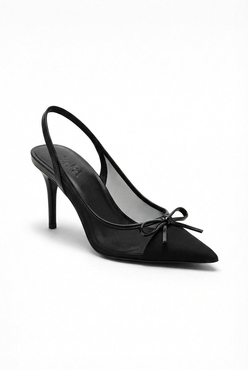 Black Women's Black Bow Pointed Toe Slingback Heels - Photo 1