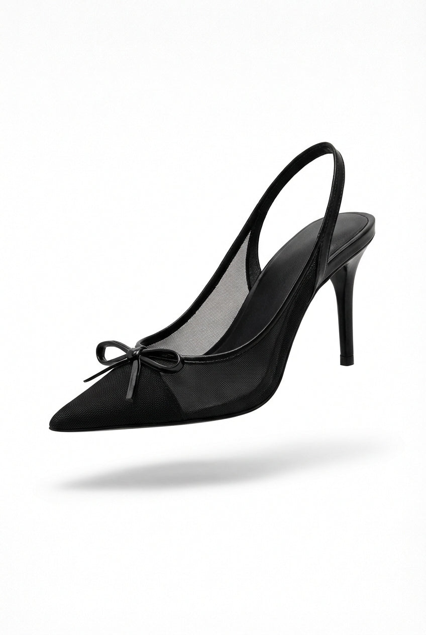 Black Women's Black Bow Pointed Toe Slingback Heels - Photo 2