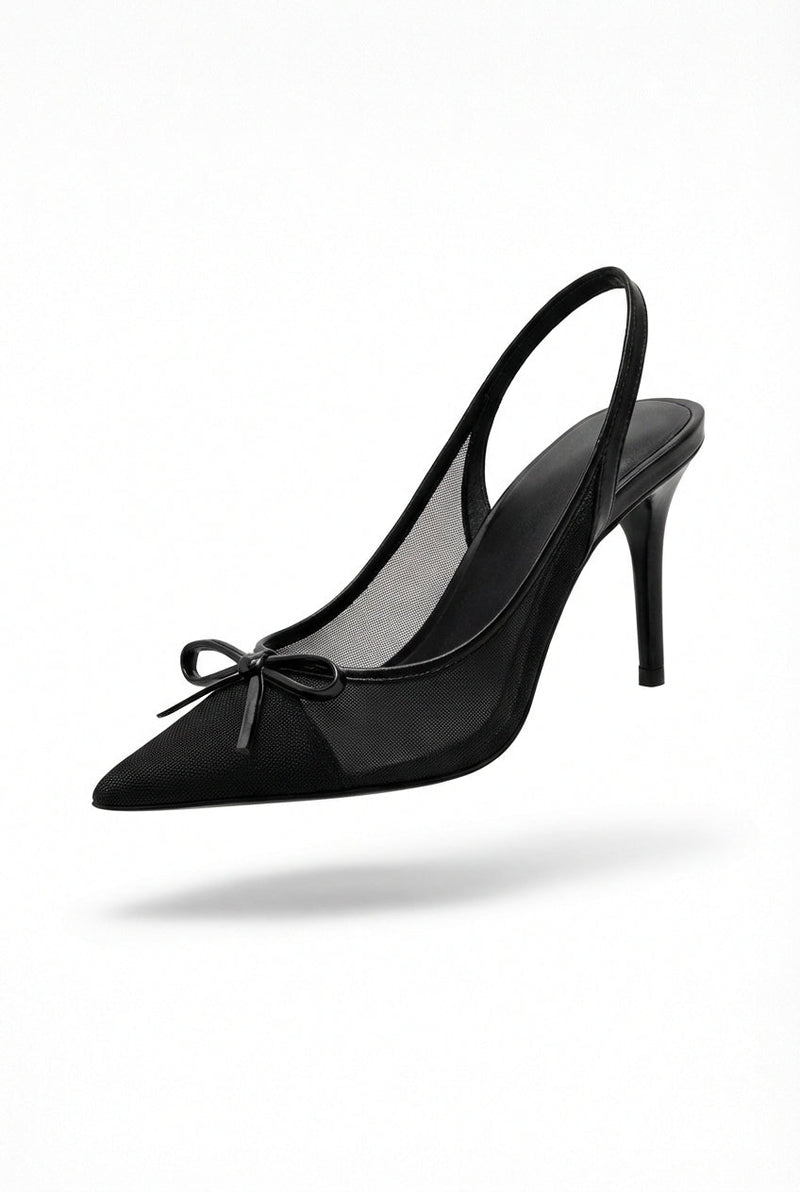 Black Women's Black Bow Pointed Toe Slingback Heels - Photo 2