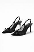Black Women's Black Bow Pointed Toe Slingback Heels - Photo 3