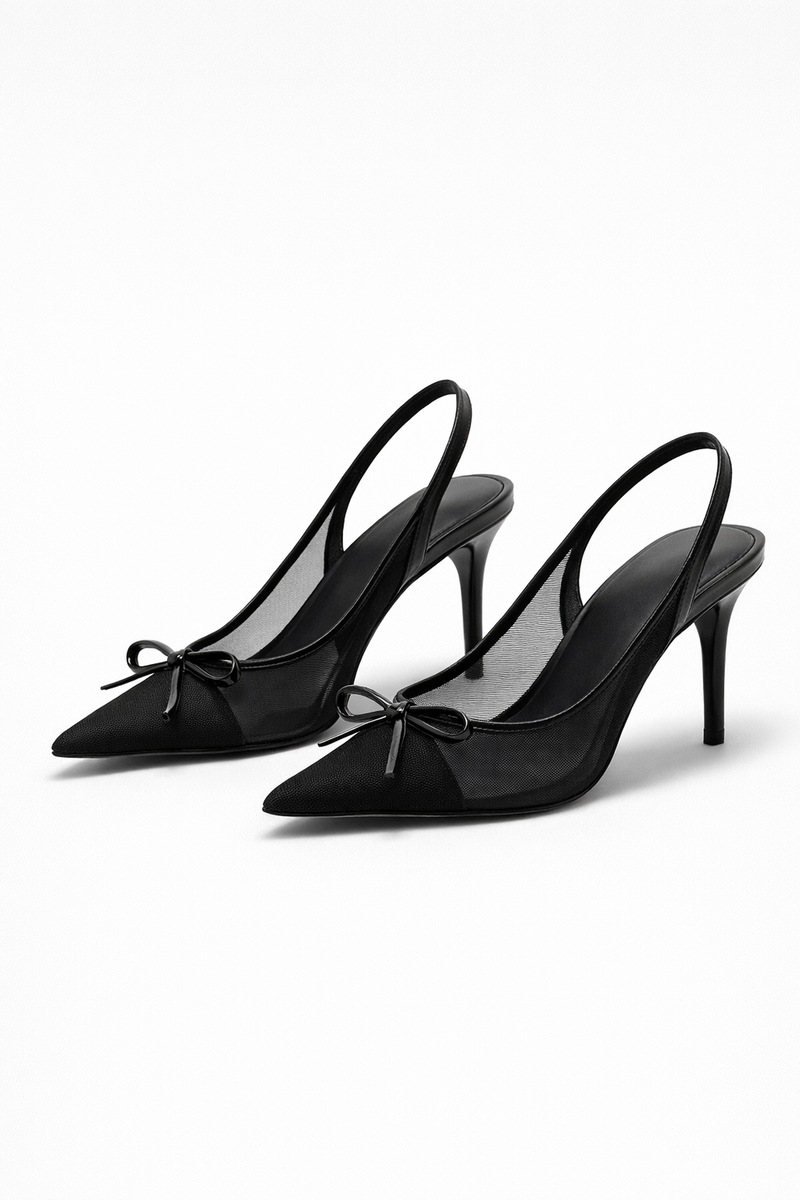 Black Women's Black Bow Pointed Toe Slingback Heels - Photo 3
