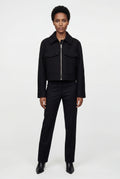 Black Women's Boxy Cropped Zip Up Jacket with Flap Pockets - Photo 3