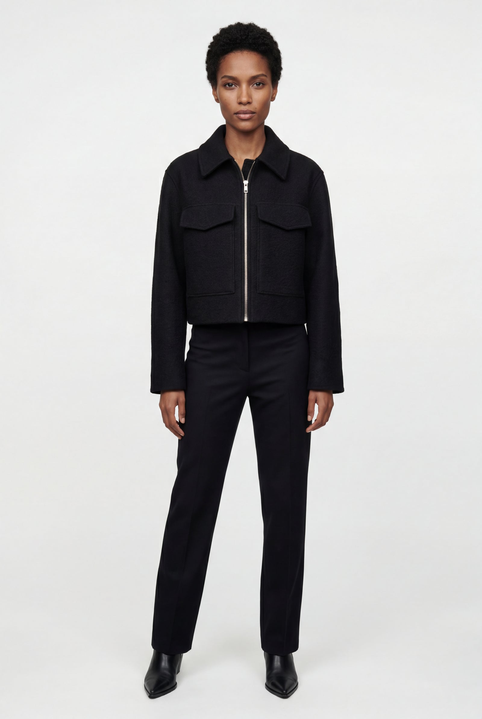 Black Women's Boxy Cropped Zip Up Jacket with Flap Pockets - Photo 3