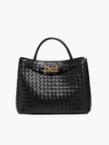 Black Women's Braided Structured Medium Tote Handbag with Top Handles - Braided handbag - Photo 4