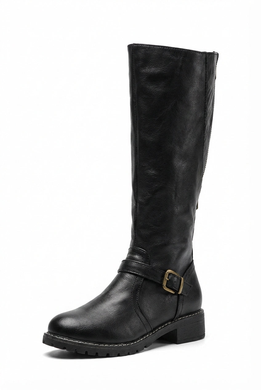 Black Women's Buckle Strap Knee-High Boots with Low Block Heel - Photo 1